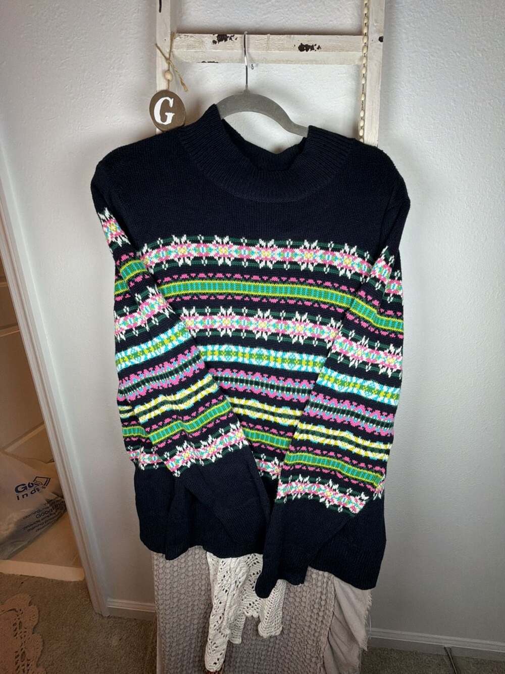 Talbots Fair Isle Mock Neck Sweater Size XL Petite Black